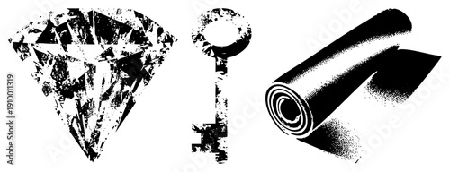 Distressed diamond cut, vintage key silhouette, rolled textile scroll all in high contrast halftone style. Ideal for retro branding or graphic design projects.