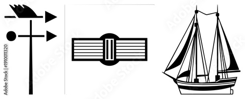 Black silhouette weather vane with arrow, belt buckle with circular detail, sailboat with rigging. Flat vector design, isolated elements, graphic symbols for navigation or fashion.