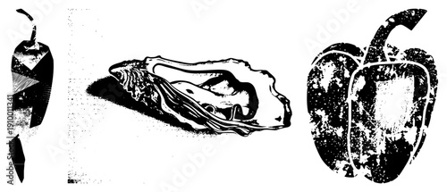 Stylized pepper, oyster, and bell pepper rendered in halftone dot, vector art, isolated food, graphic design elements.
