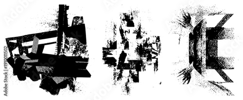 Fragmented black shapes with halftone texture, abstract vector art, graphic design elements, digital glitch aesthetic, bold geometric abstraction.