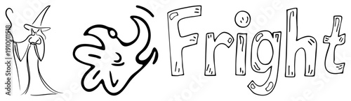 Cartoon wizard casting spell, ghostly figure, spooky word "Fright", whimsical Halloween design, ink art, character, spooky typography.