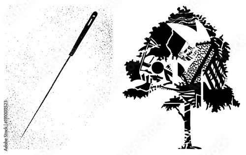 Black and white vector illustration featuring acupuncture and stylized tree with fragmented, halftone texture, graphic design, medical symbol, nature motif.