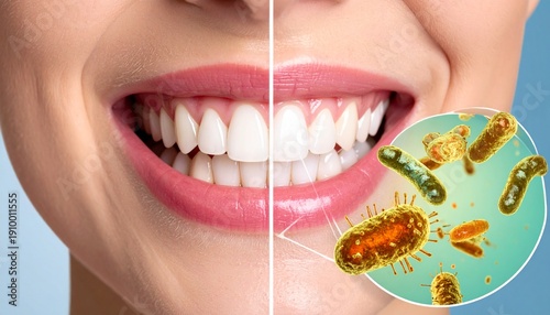 A close-up split image showcasing healthy, bright white teeth on one side and a depiction of bacteria on the other
