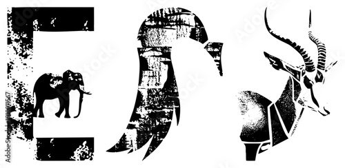 Elephant, duck, and antelope rendered in bold black silhouettes with distressed texture, graphic art, vector illustration, wildlife motifs, isolated animal.