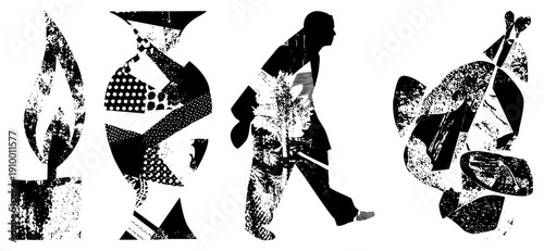 Stylized black and white vector candle flame, vase, walking figure, abstract guitar, halftone texture, graphic design elements, isolated symbols.