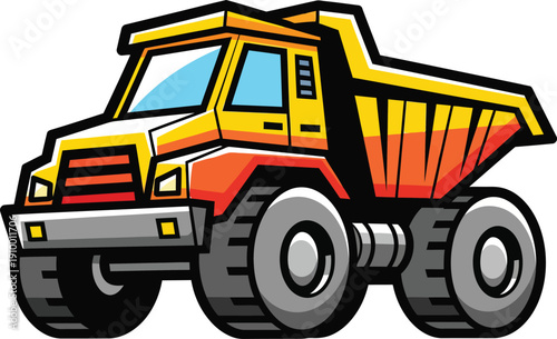 Stylized yellow and orange cartoon dump truck with oversized wheels and a bold black outline.