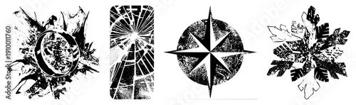 Four stylized vector shattered glass, compass rose, explosive ring, snowflake, all with distressed texture,, isolated design elements.