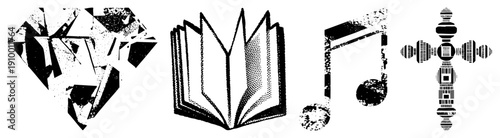 Four black/white fragmented diamond, open book, musical note, ornate. Halftone, distressed textures. Vector, gritty vintage style.