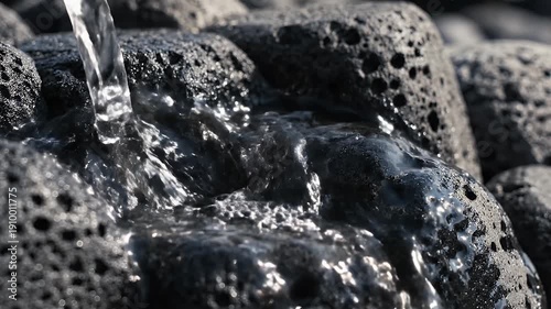 Close-up of water flowing over porous dark rocks