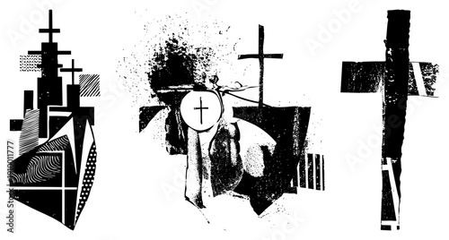 Stylized religious featuring, halftone textures, and geometric shapes, vector art, sacred symbols, abstract faith motifs, spiritual design elements.