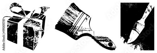 Gift box tied with ribbon, paintbrushes in action, artistic tools, creative supplies, black and white vector art, grunge texture, isolated foreground elements.