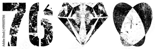 Distressed black and white graphic elements number 76 with grunge texture, faceted diamond, and overlapping organic shapes with halftone grain. Vector art for design projects.