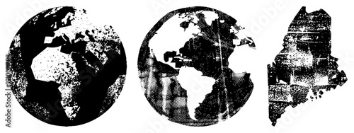 Black and white halftone globe and map, stylized geographic shapes, vector graphic, isolated elements, dot texture, global and regional representation.