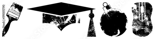 Retro styled halftone vector including paintbrush, graduation cap, ornament, and computer mouse, ideal for design projects or educational themes.
