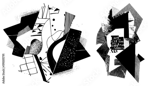 Dynamic black and white abstract art featuring fragmented polygons, halftone shading, and stylized typography, ideal for graphic design or layouts.