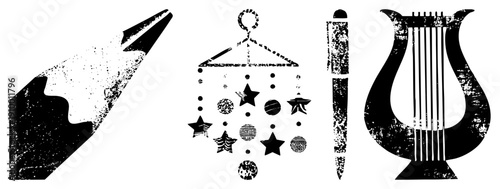 Retro distressed black pencil, baby mobile, pen, lyre. Artistic vector silhouettes with speckled texture, ideal for creative branding or design projects.