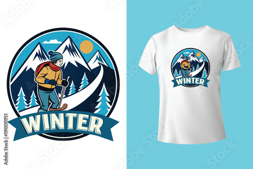 Winter sports revival graphics design. Extreme cold mountain adventure artwork. Ski snowboard hockey illustration print. Apparel design for t shirt pr
