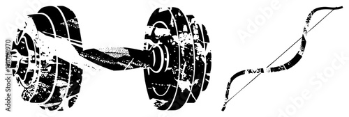 Black and white vector graphic of dumbbell and bow, gritty texture, fitness and, isolated design, halftone effect, glyph style.