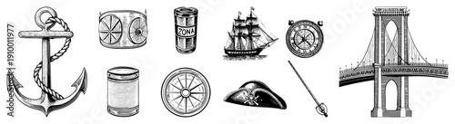 Vintage maritime symbols including anchor, sailing ship, compass, pirate hat, and bridge, rendered in detailed art. Nautical emblem set, sea adventure, sailor gear, coastal motifs.