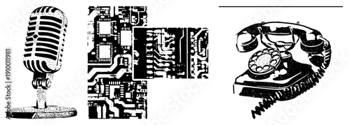 Classic microphone, electronic circuit board, rotary telephone, analog communication devices, retro tech symbols, vintage electronics, black and white vector art.