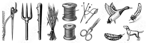 Classic embroidery, fork, thread spools, scissors, pins, wheat stalks, duck in flight, dog silhouette, feather motifs, engraved art.