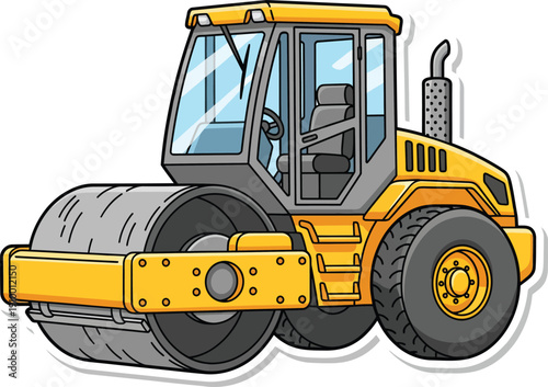 Vibrant yellow cartoon road roller construction vehicle with a large grey steel drum and black tires.