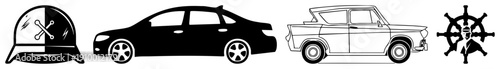 Helmet with wrenches, modern sedan, vintage car, ship’s wheel with sailor minimalist vector for automotive and maritime themes.