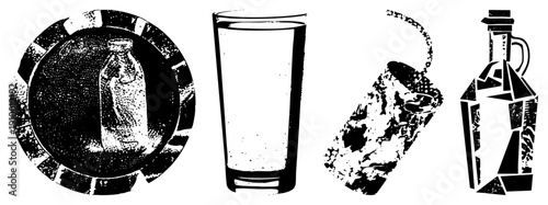 Bottle on textured plate, tall glass, crumpled wrapper, geometric jug all in halftone, vector art, isolated objects, graphic design elements.
