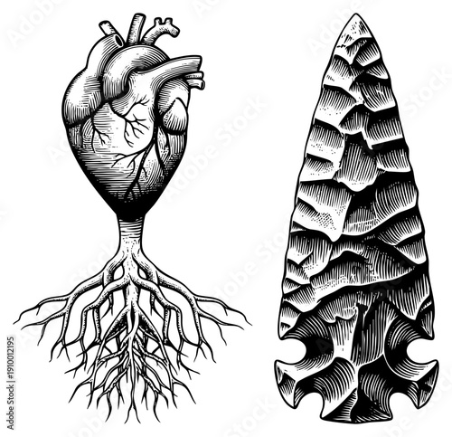 Detailed anatomical heart with root system, paired with ancient stone arrowhead, engraved art, medical and prehistoric symbolism, black and white vector graphic.