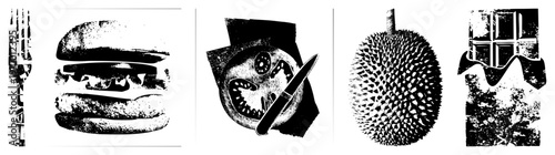 Vector food illustrations using halftone textures, including fork, burger, durian, and chocolate bar, rendered in bold black and white with graphic design flair.