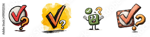 Confused cartoon characters with checkmarks and question marks