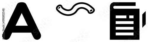 Vector glyph uppercase A, curved mustache, document file, clean style, digital interface elements, flat design symbols.