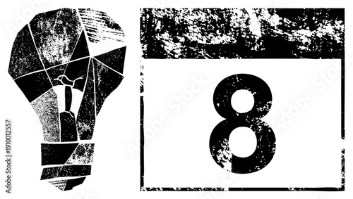 Fragmented lightbulb containing bird, number eight, distressed texture, graphic design,, vector art, conceptual symbol.