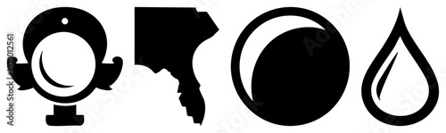 Minimalist black vector moon, irregular shape, circular yin yang, teardrop with vein. Flat design, symbolic, isolated elements.