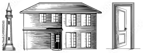 Architectural vector drawing of a residential home, lighthouse, and open door, rendered in halftone art, ideal for design or illustration projects.