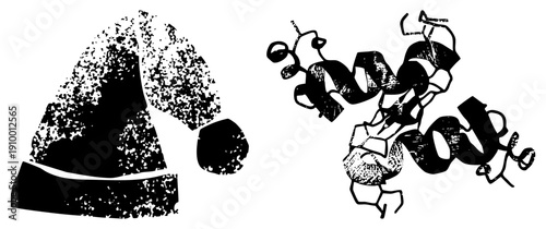Festive Santa hat with textured, molecular protein structure, scientific visualization, holiday science, biochemistry art, black and white vector design.