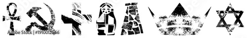 Ankh, hammer and sickle,, matryoshka doll,, crown, Star of David stylized symbols with grainy texture,, symbolic representation.