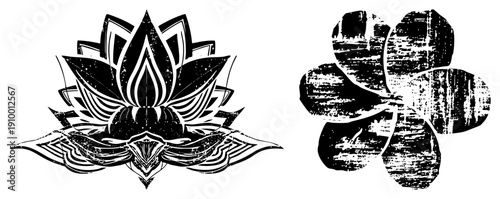 Black and white stylized lotus and frangipani flowers with halftone grain, vector art, tattoo inspired motifs, geometric petals, spiritual symbolism, graphic design elements.