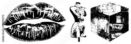 Black and white halftone graphic featuring stylized lips, fashion mannequin, and geometric cube, vector art with textured shading, isolated design elements.