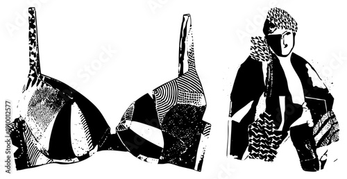 Graphic bra with geometric textures, seated woman in textured coat and hat, halftone style, fashion illustration, black and white vector art.