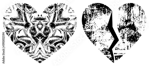 Two heart shapes, one whole with ornate black and white texture, one cracked in half, both featuring distressed, symmetrical, symbolic of love and separation.