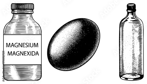 Black/white halftone vector Magnesium Magnexida bottle, magnesium oxide tablet, empty glass vial. Medical//nutritional supplement illustration.