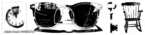 Retro clock face, distressed sunglasses, antique key, classic rocking chair all rendered in high contrast grunge vector art with textured and fragmented shapes.