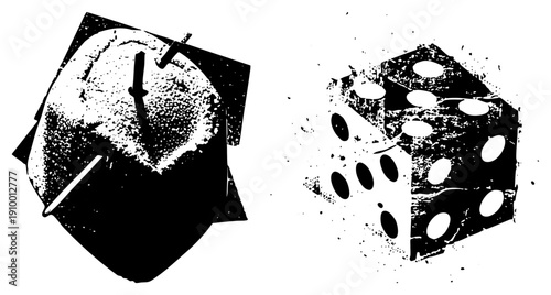 Retro clock with cracked face and dice with pips, distressed halftone texture, graphic art, isolated symbols, game elements, timepiece.