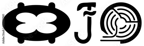 Modern minimalist vector clover shaped emblem, stylized letter J, concentric labyrinth. Flat graphic symbols for branding or UI design.