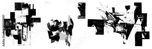 Fragmented black and white graphic art with geometric forms, halftone, and distressed textures, ideal for modern design or digital.