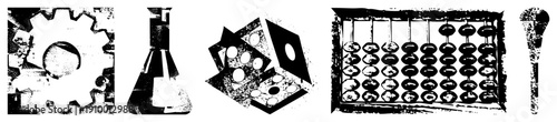 Set of retro styled cogwheel, chemistry flask, gaming dice, counting abacus, artist brush vector graphics with halftone texture.