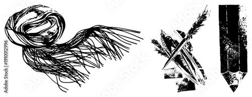 Artistic vector illustrations of, arrow, and pencil rendered in sketchy art,, creative tools, design elements, graphic symbols.