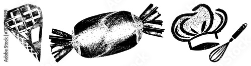 Retro halftone print of candy wrapper, wrapped confection, chef hat, whisk, stylized sweets, classic graphic design, illustration.