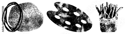 Halftone artist palette, rubber band, french fries in paper container stylized vector with dot matrix texture, graphic design elements, isolated foreground subjects.